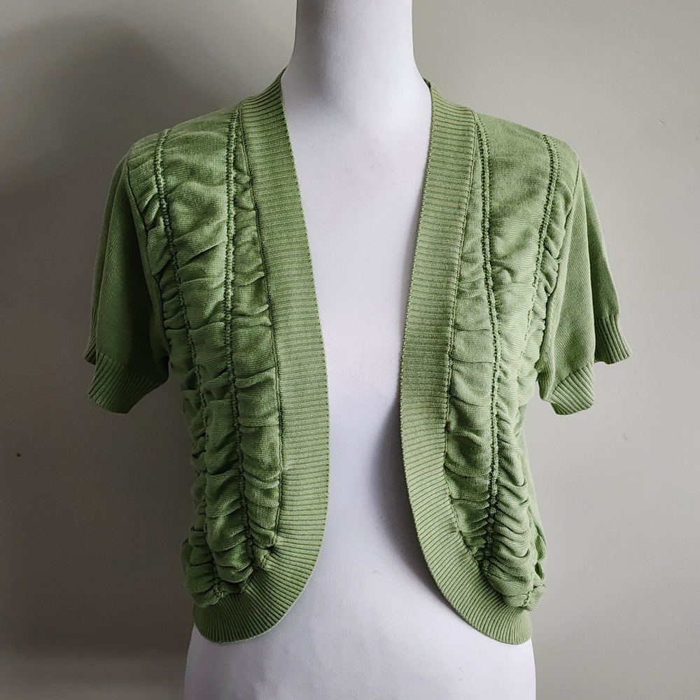 August Silk Knit Shrug Cardigan Womens Small Green Ruched Bolero Dainty Earthy